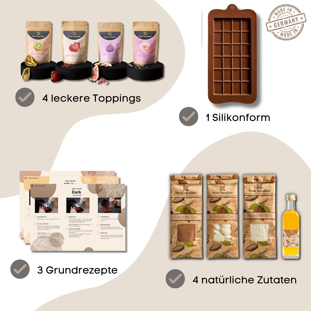 Schokoladen DIY-Zutaten-Set (mit Toppings) - Pure Xocolate - DIY-Set Geschenk-Set -